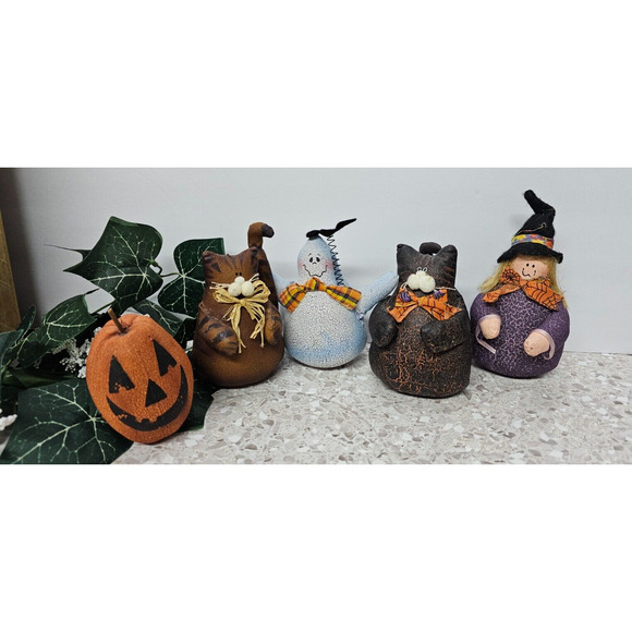 Set of 5 Primitive Rustic Leatherette 5" Aged HALLOWEEN Ghost Black Cat Witch - Picture 1 of 7